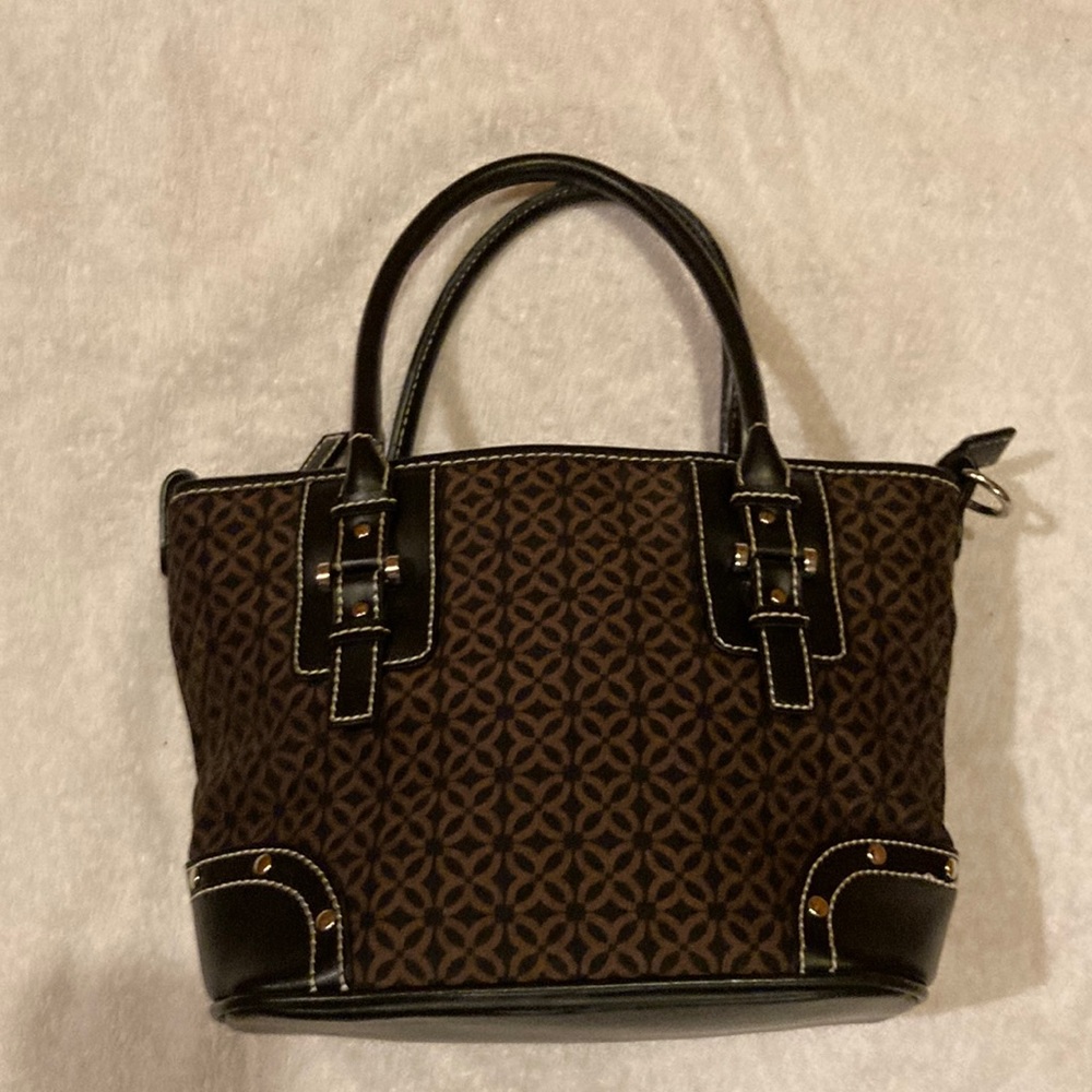 Black and Brown Cloth Floral Pattern Relic Purse with Black Leather Accents